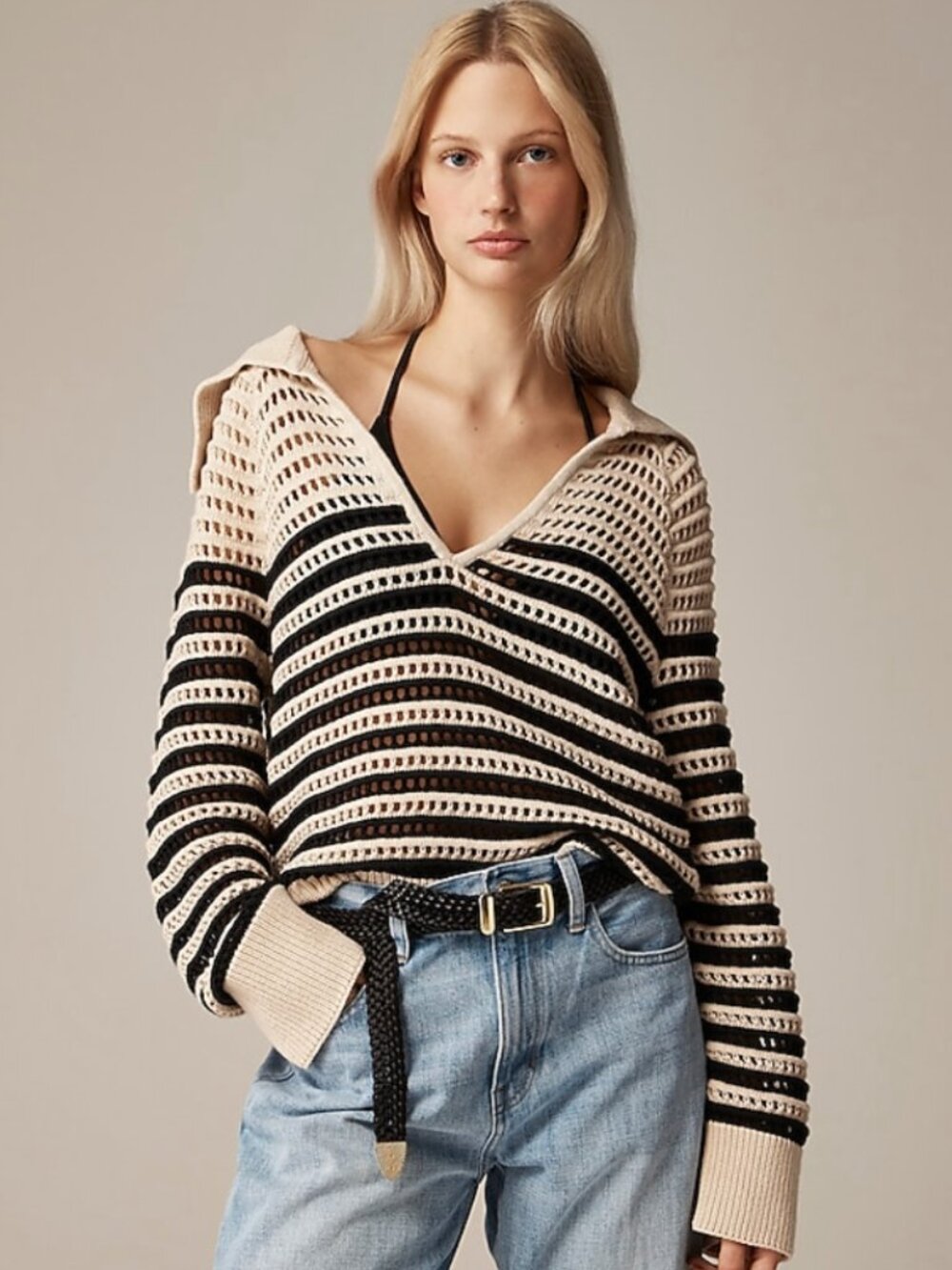 J. Crew Crochet Sailor Collar Open Knit Neutral Stripe Pullover Sweater Cotton M